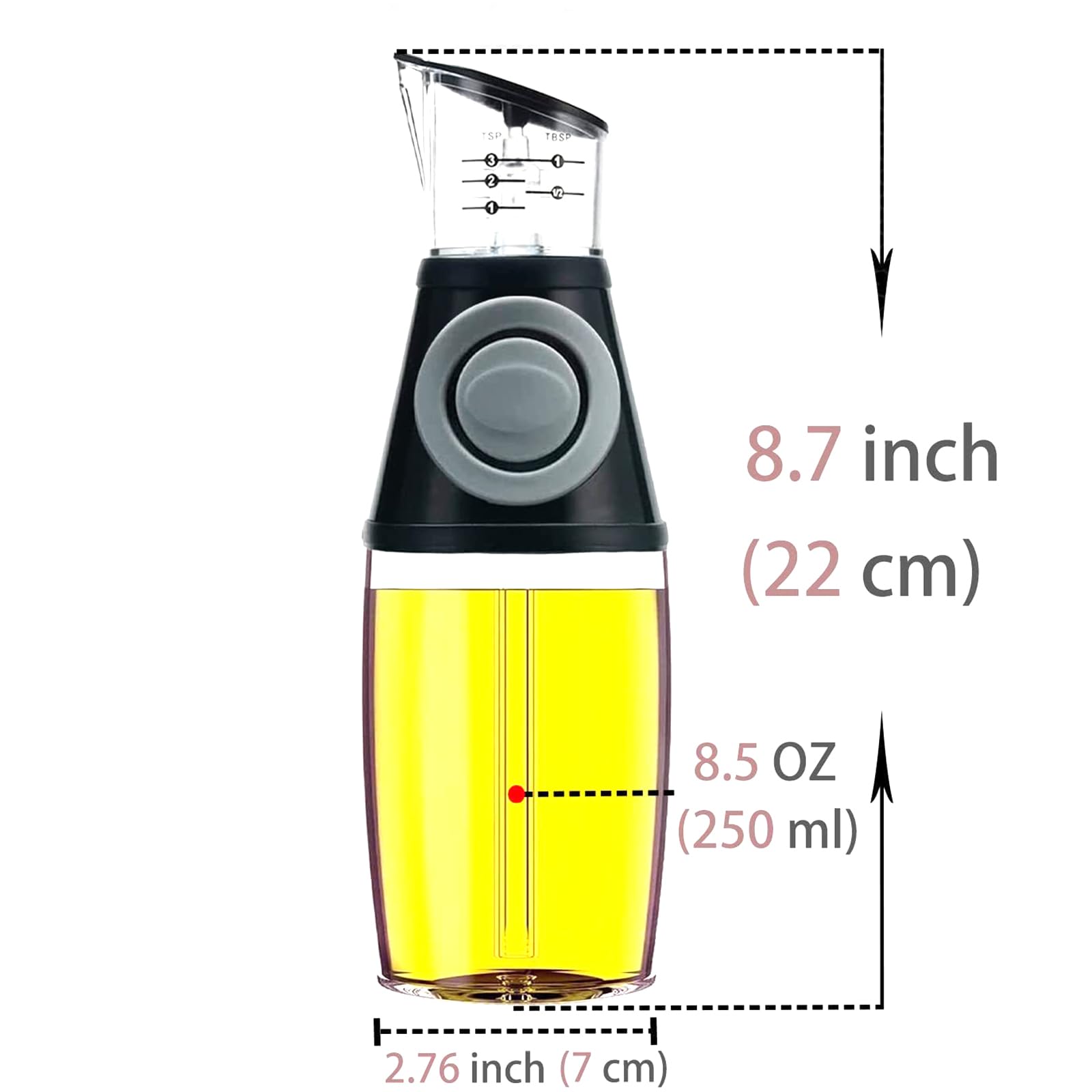 soulnioi Oil Dispenser Bottle For Kitchen/2 In 1 Push Button Glass Oil Bottle/Portable Oil Bottle Measuring Oil Vinegar Dispenser For Air Fryer,Cooking,BBQ Black 250ml+500ml - Image 3