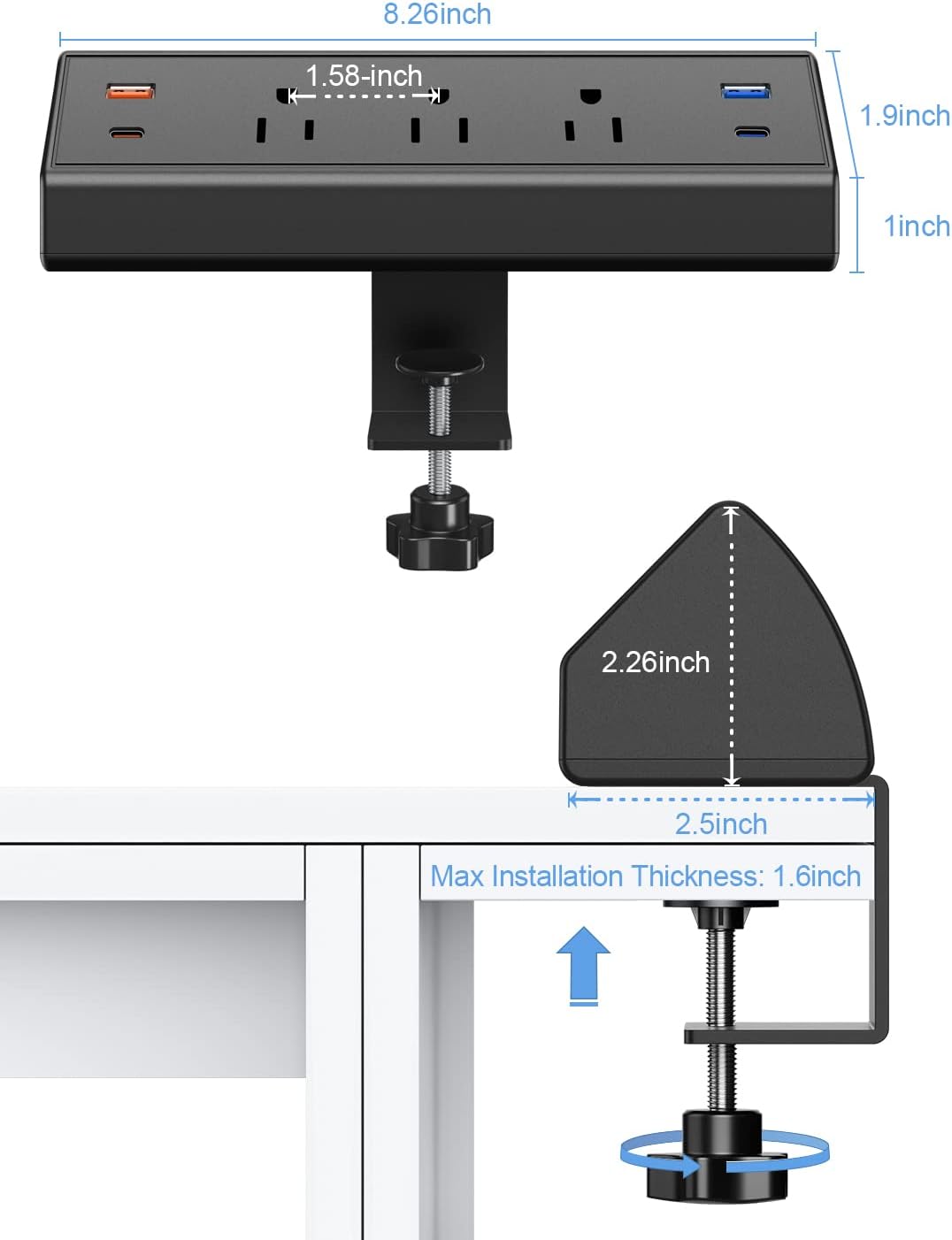Desk Clamp Power Strip with USB C,65W Fast Charging Station for iPhone 14 Pro Max iPad MacBook Air,Power Supply for Desk Edge Mount,3 Widely Spaced Outlets Surge Protector,6ft Cord (Black)