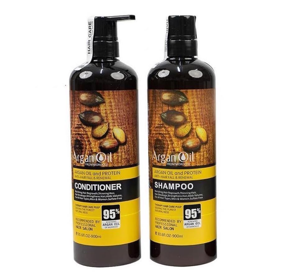 Moroccan Argan Oil (Hair Care Set) Sulfate Free Perfect for Damaged Dry Curly Frizzy Hair - Thickening Formula for Fine/Thin Hair Safe Keratin Treated Hair (Shampoo&Conditioner)