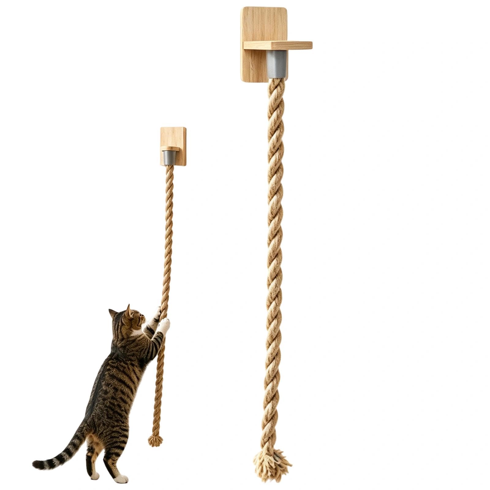 59" Cat Climbing Rope, Wall-Mounted Cat Rope Ladder with Mounting Screws Made of Natural Wood 150CM Sisal Rope for Jumping, Resting and Climbing Activities