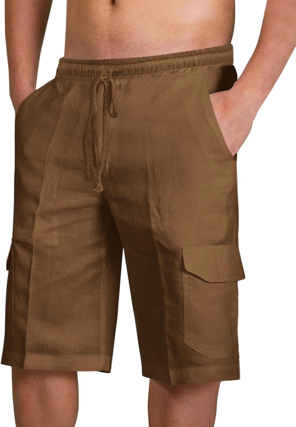 PASLTER Mens Cotton Linen Shorts Casual Elastic Waist Drawstring Lightweight Summer Beach Cargo Shorts