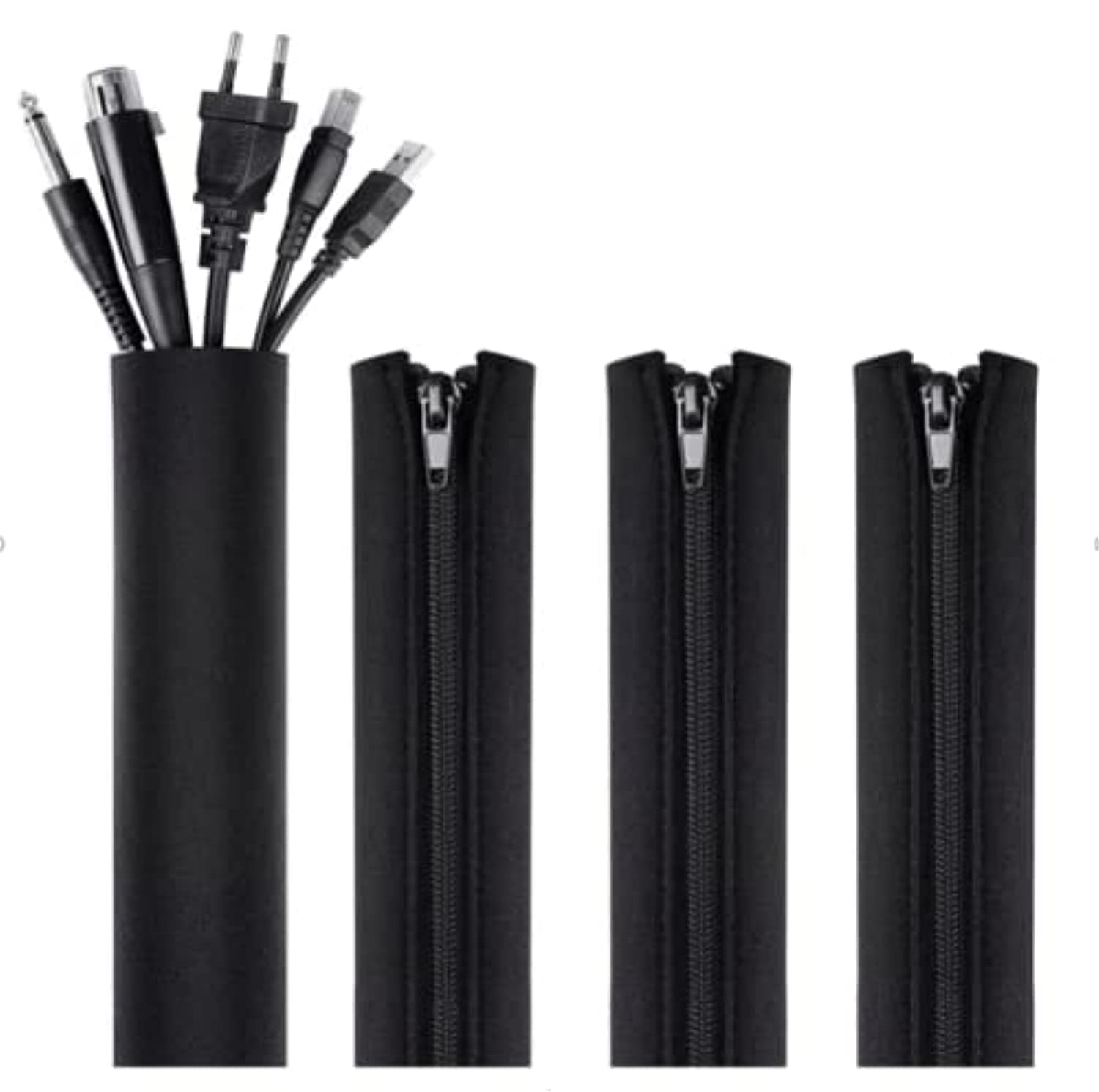 Showay ECVV Cable Management Sleeve, Organizer With Zipper For TV/Computer/Home Entertainment, 20 inch Flexible Sleeve Wrap Cover Organizer, 4 Pack - Black