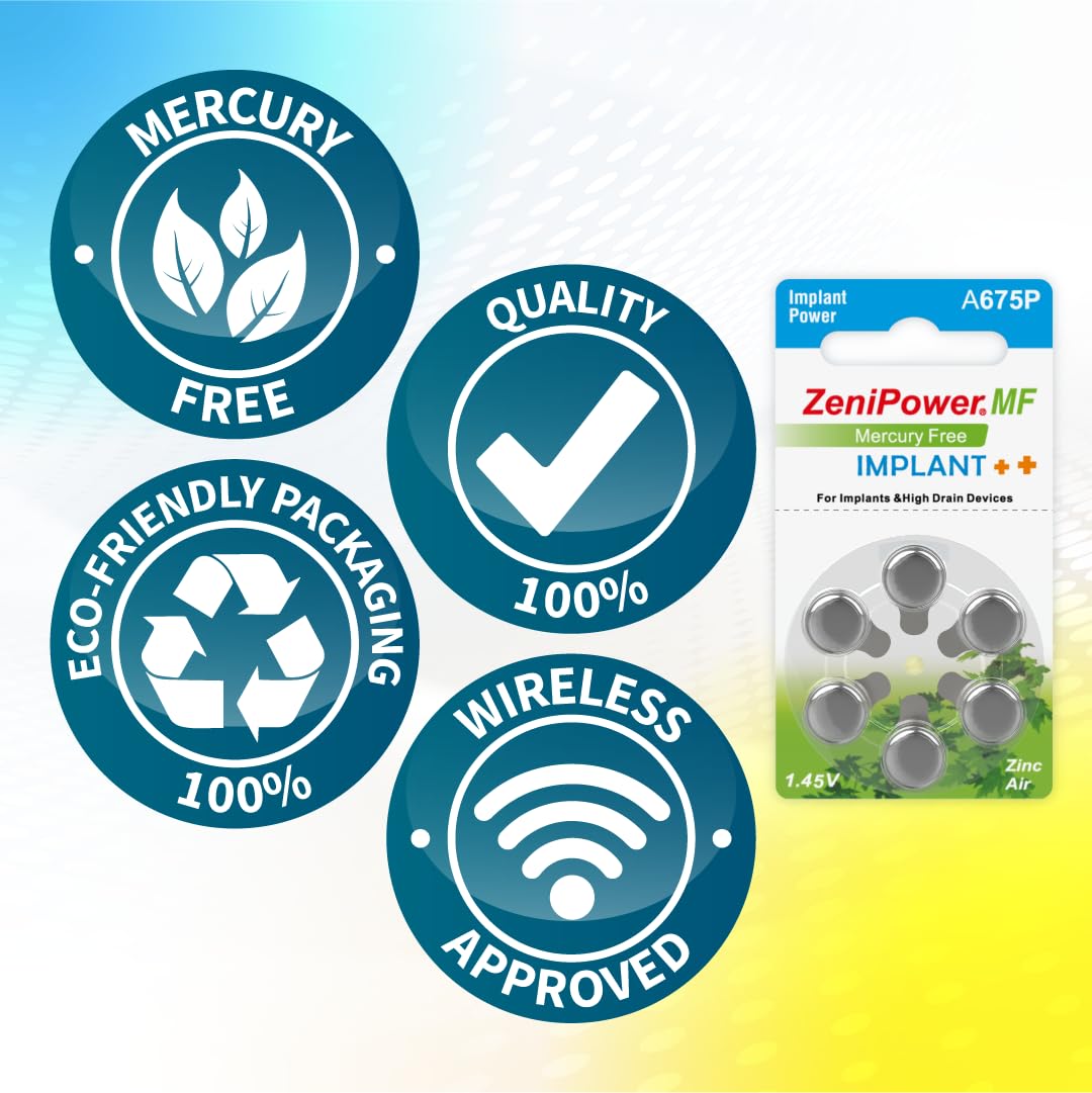 Pilas para implantes cocleares PR44 medida 675P, potencia constante y larga duración, pilas sin mercurio con tecnología zinc-aire (15 blísteres azules)