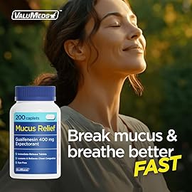 ValuMeds Mucus Relief Guaifenesin 400mg (200 Caplets) | Maximum Strength | Mucus Thinning for Colds, Chest Congestion, Flu, Coughing | Expectorant & Decongestant