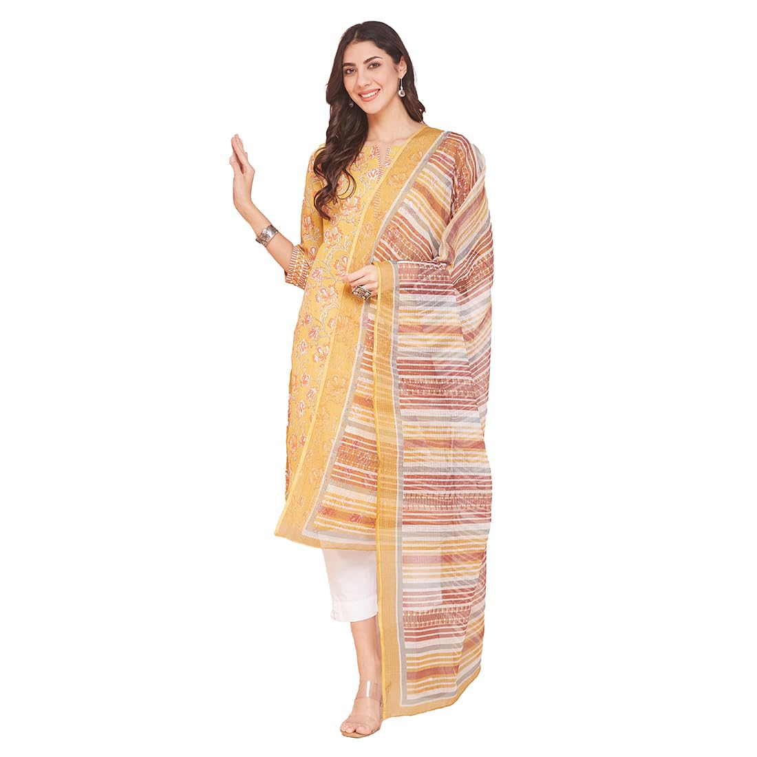 Fabindia Women's Cotton Printed Regular Kurta (1037551Yellow_Yellow