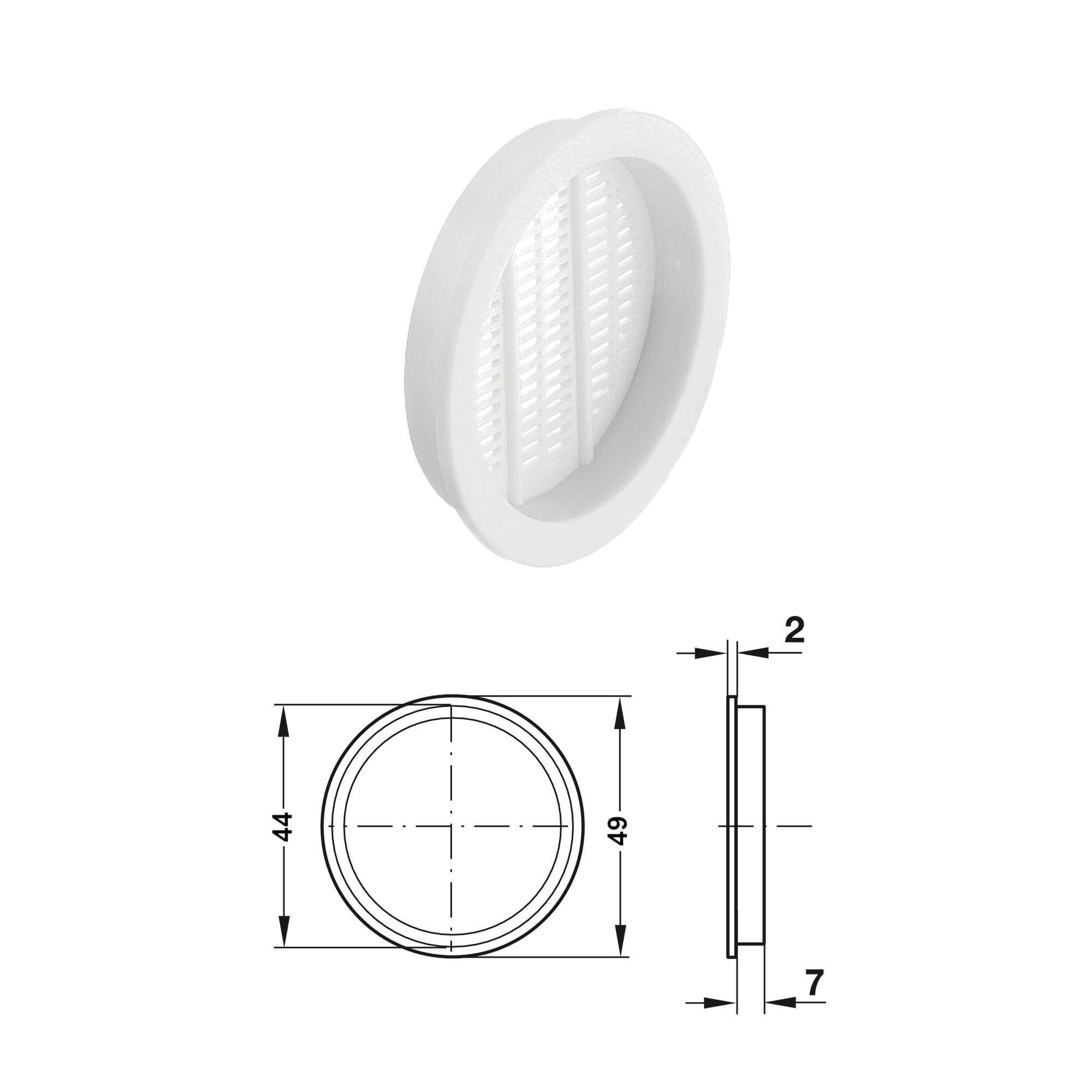cyclingcolors 5x Rejilla de ventilación redonda 44 mm Diámetro total 49 mm de plástico Orificio Gabinete Armario Cocina, Blanco