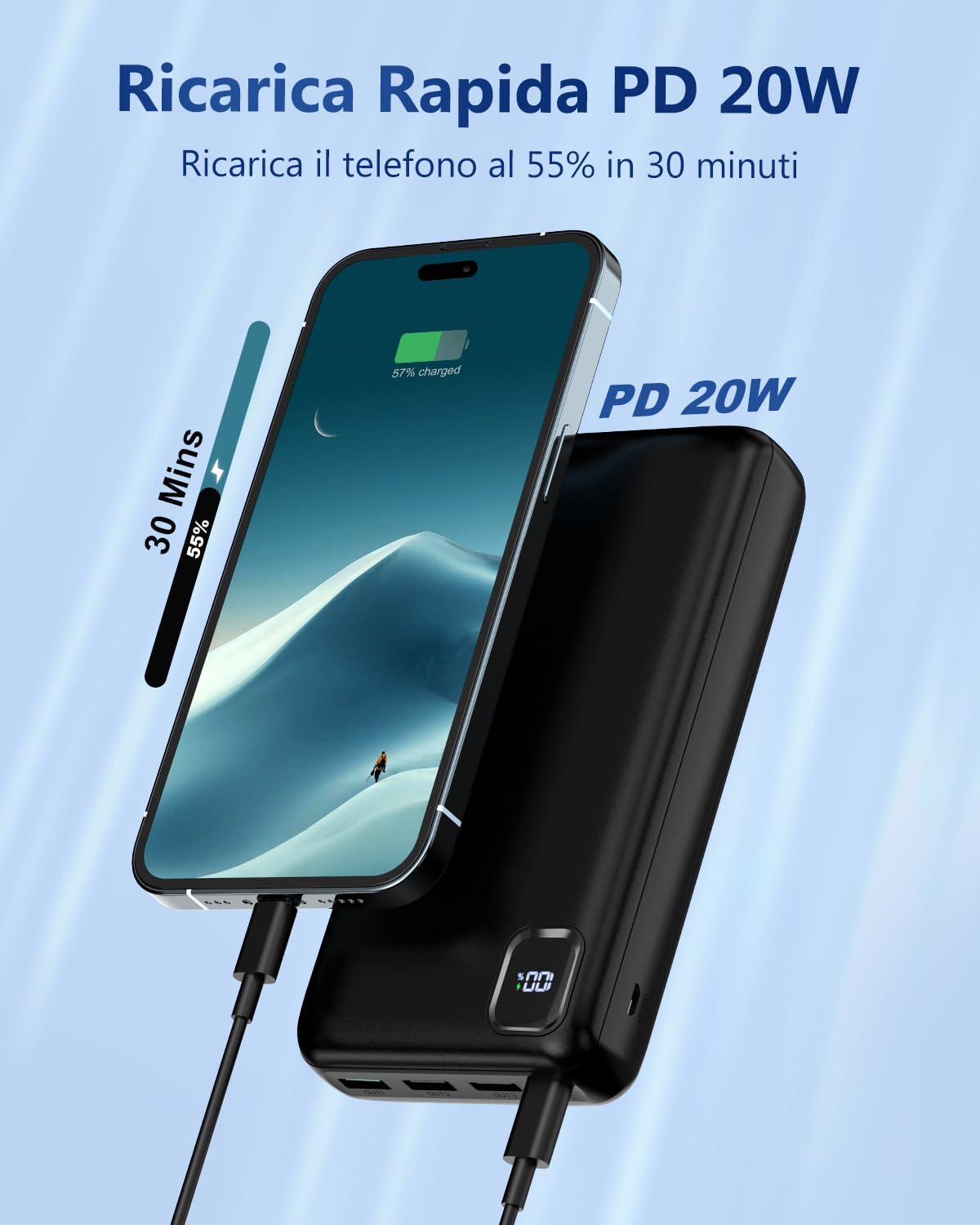 Power Bank 50000 mAh, 22,5 W Caricabatterie portatile USB C