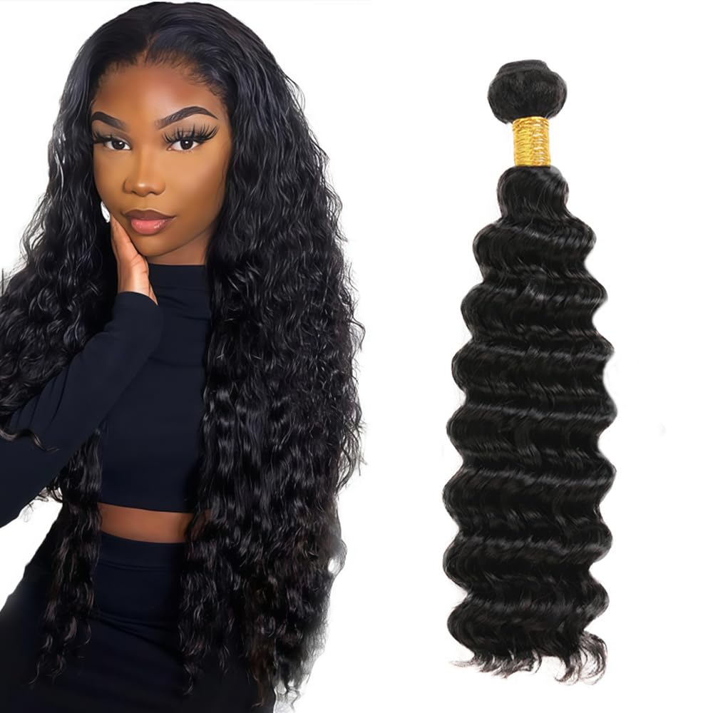 Human Hair Bundles Extensions de cheveux humains #1B Natural Black Color Deep Wave Echthaar Tressen Human Hair Extension 1 Bundles Totaling 100 Grams12 Pouces