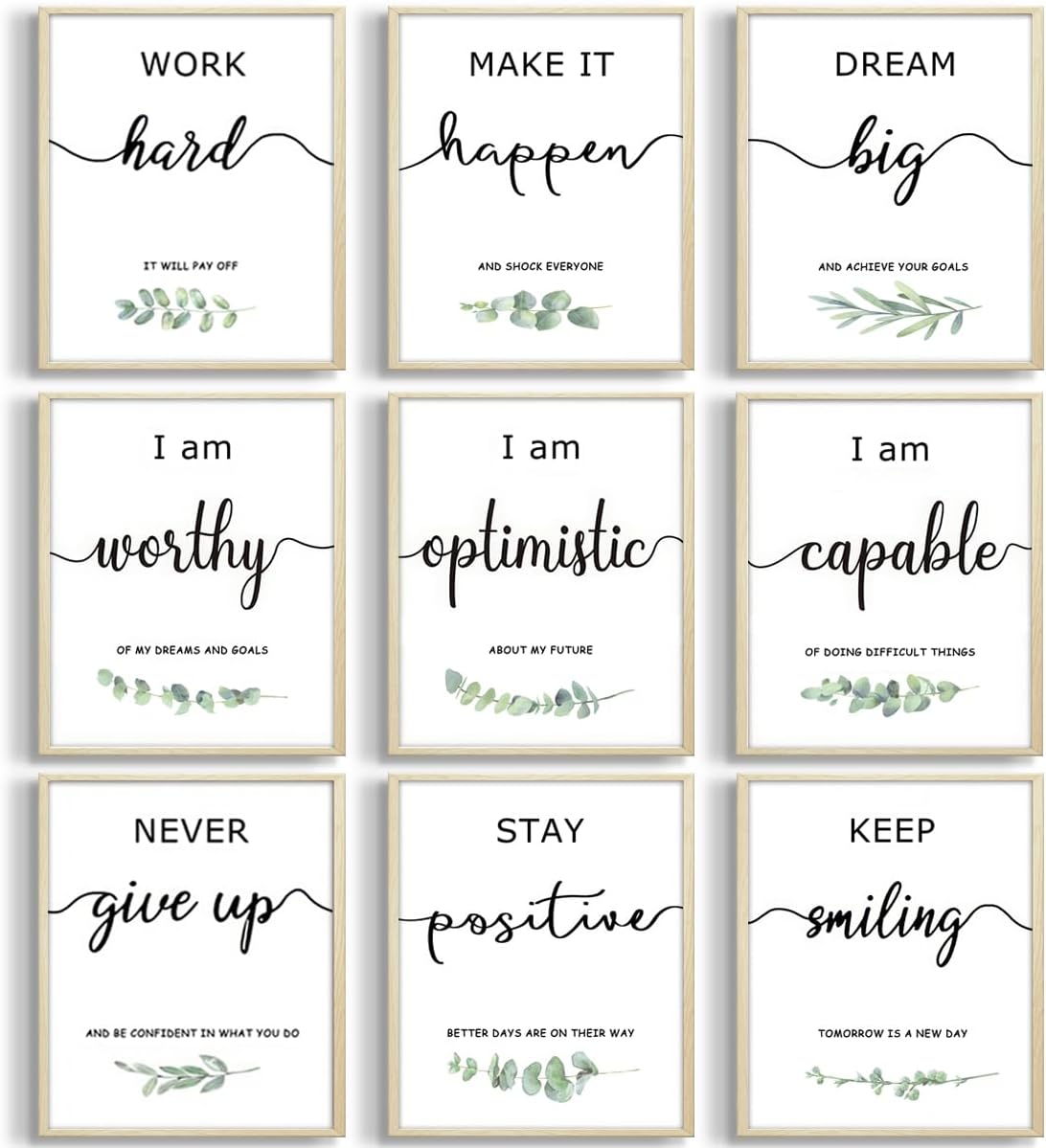9Pcs Inspirational Wall Art Office Wall Decor Motivational UNFRAMED Posters Prints Positive Pictures Painting Greenery Affirmations Canvas For Bedroom,Living Room,Office,Classroom（12×16）