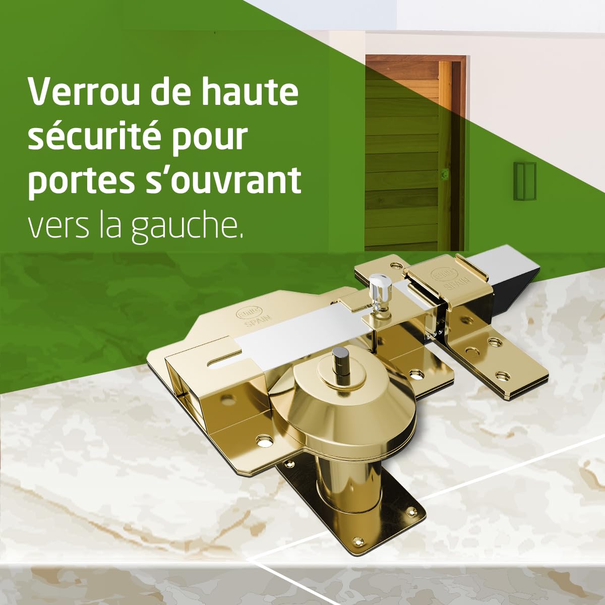 Amig - Verrou de Haute Sécurité à Loquet | Cylindre 50 mm | 90 x 154 mm | Acier | Or | Anti-bumping et Anti-perçage | Fermeture à Gauche