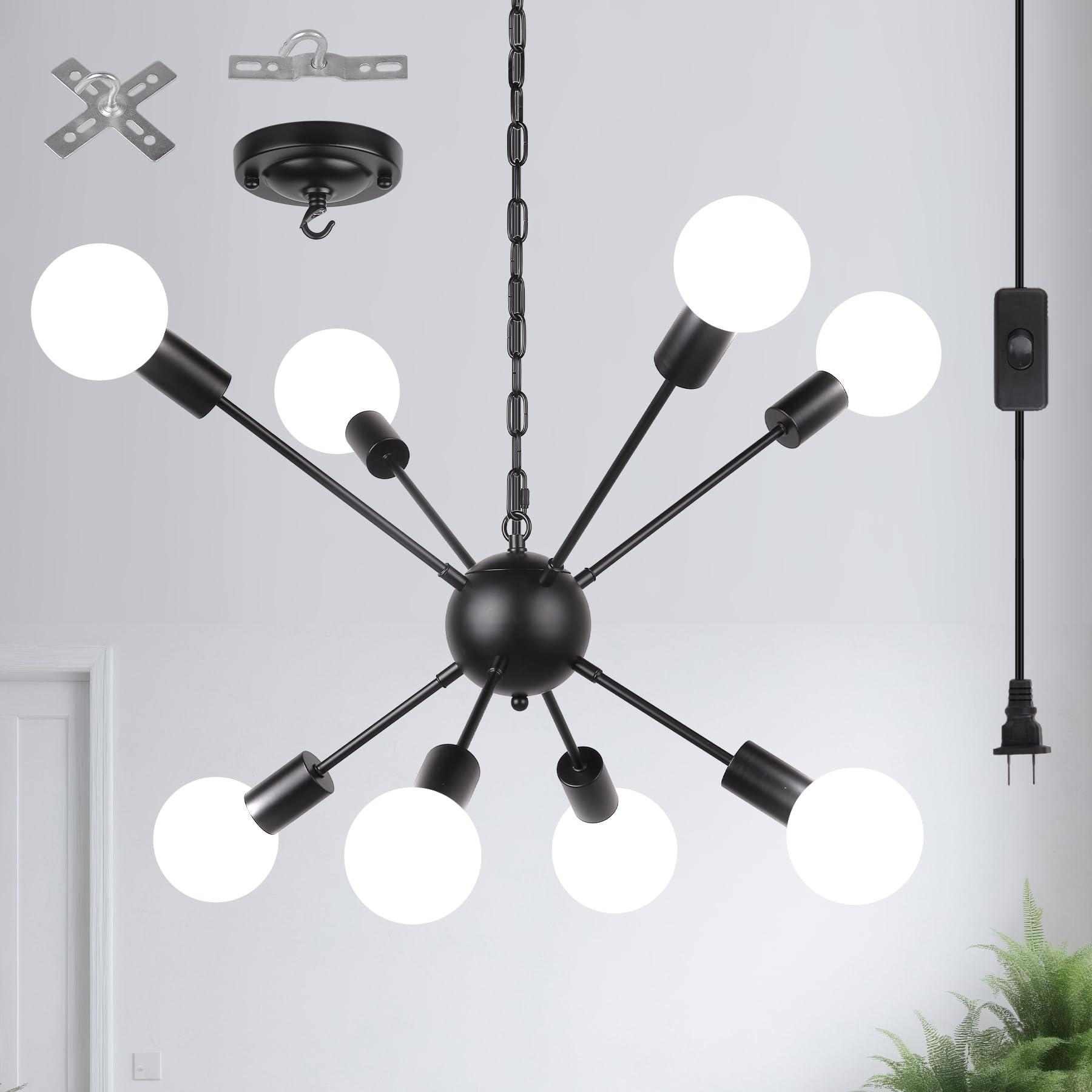 CHENBEN8 Lights Plug in Chandelier Lighting with Long Cord,Black Plug in Ceiling Light,Hanging Lights with Plug in Cord 16.4ft for Dining Room,Sputnik Chandeliers for Living Room,Kitchen,Bedroom
