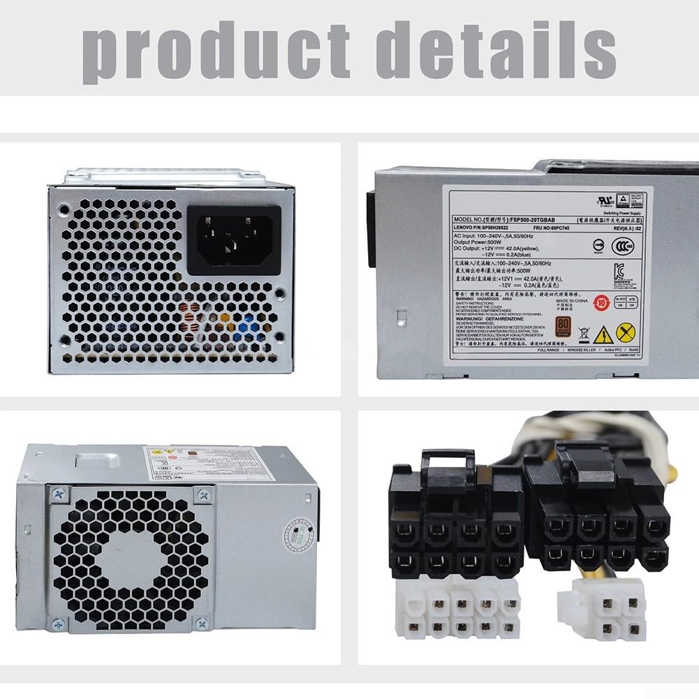 Minhe Alimentatore TFX da 500 W per interfaccia Erazer D215 (00PC745), 10P+4P+8+8pin, compatibile con desktop M310 M410 510S M510, metallo argentato