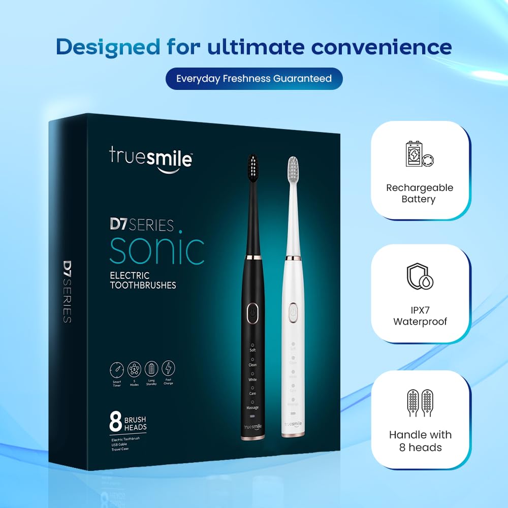 TrueSmile Sonic - Confezione di 2 spazzolini elettrici (nero e bianco) con 8 testine di ricambio, 5 modalità di pulizia, timer intelligente da 2 minuti, ricaricabile tramite USB, impermeabile IPX7