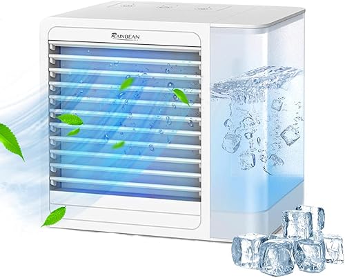 RAINBEAN Ventilador de aire acondicionado portátil, refrigeradores evaporativos personales con carga USB, ventilador de refrigeración silencioso con