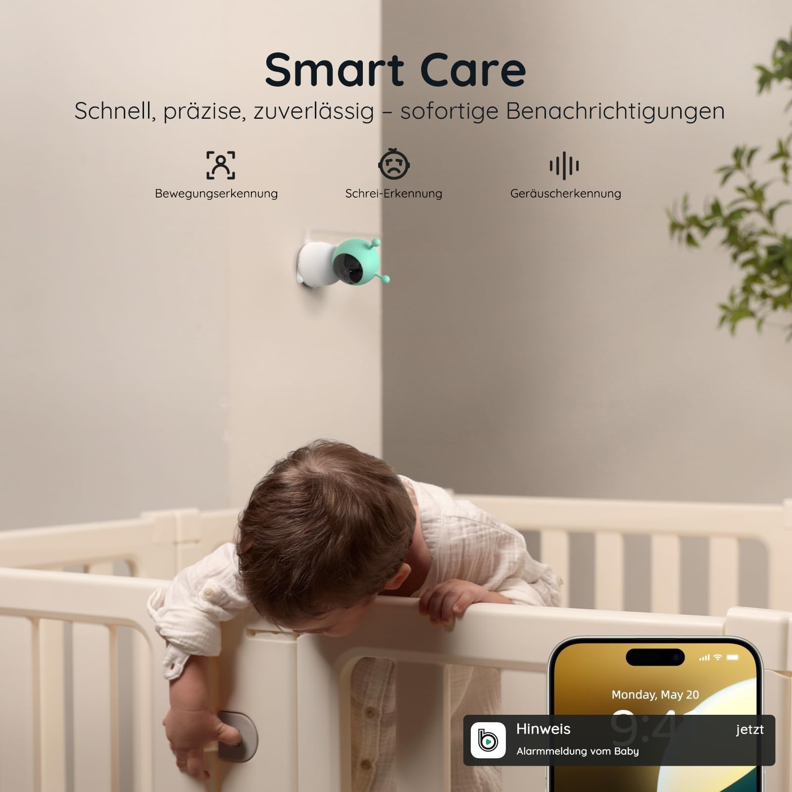BOIFUN Babyphone mit Kamera 2K/3MP, Intelligentes Nachtlicht, 360 Gard WLAN Video Babyfon mit App, 4×Zoom, Bewegungsverfolgung, IR Nachtsicht, Weinen/Bewegungs/Geräuscherkennung, Temperaturerkennung