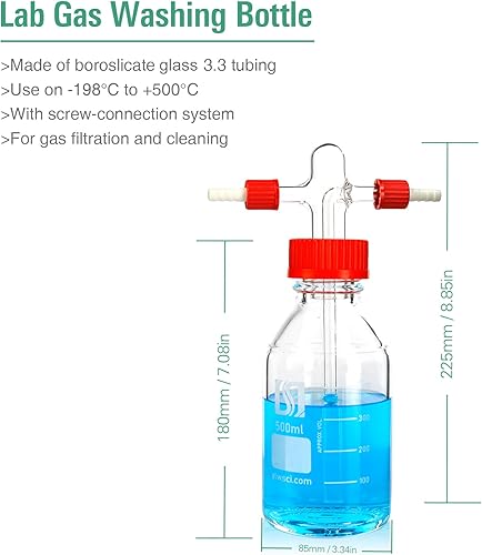 Vista 10 de ALWSCI Botella de lavado de gas al vacío de laboratorio, vidrio de 33.8 fl oz, botella de búfer de laboratorio graduada, cabeza Drechsel GL45