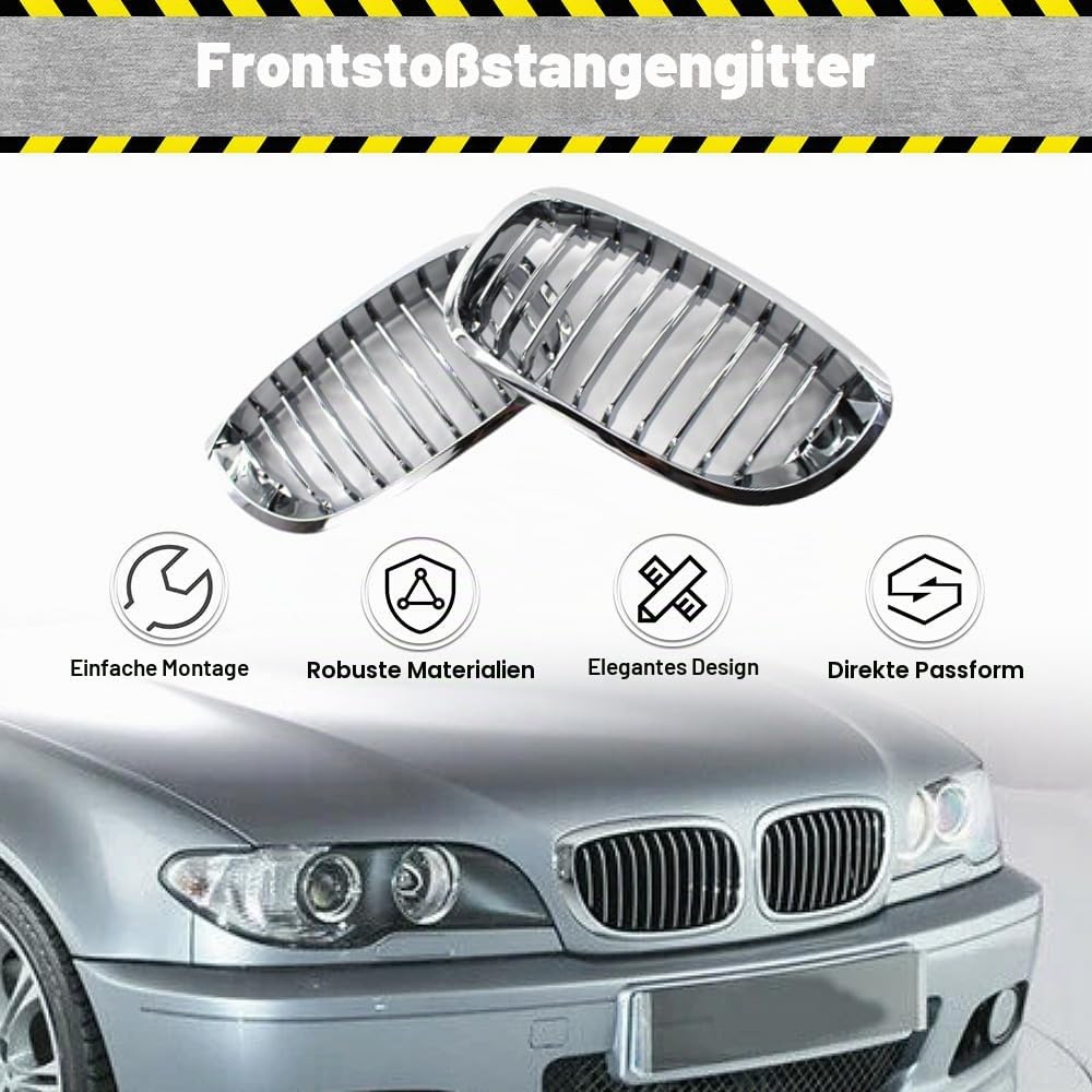Front Nieren Kühlergrill, Stoßstange und Haube Kompatibel mit BMW E46 2-Türer 2003-2006, Chrom