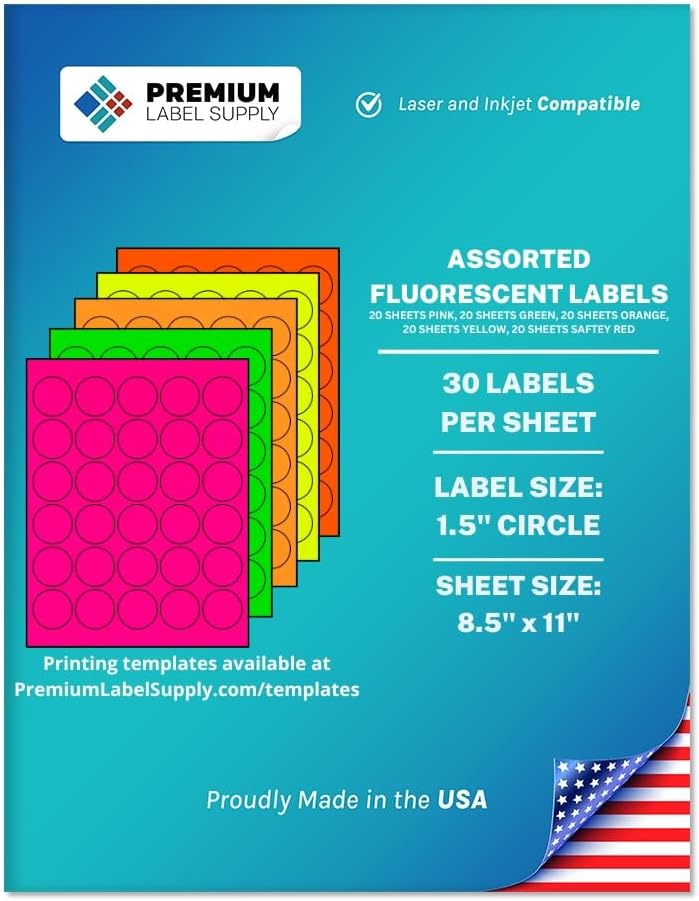 Premium Label Supply Bright Neon Color Fluorescent Sticker Labels - 1.5" Round Labels - (Assorted Fluorescent, 3,000 Labels)