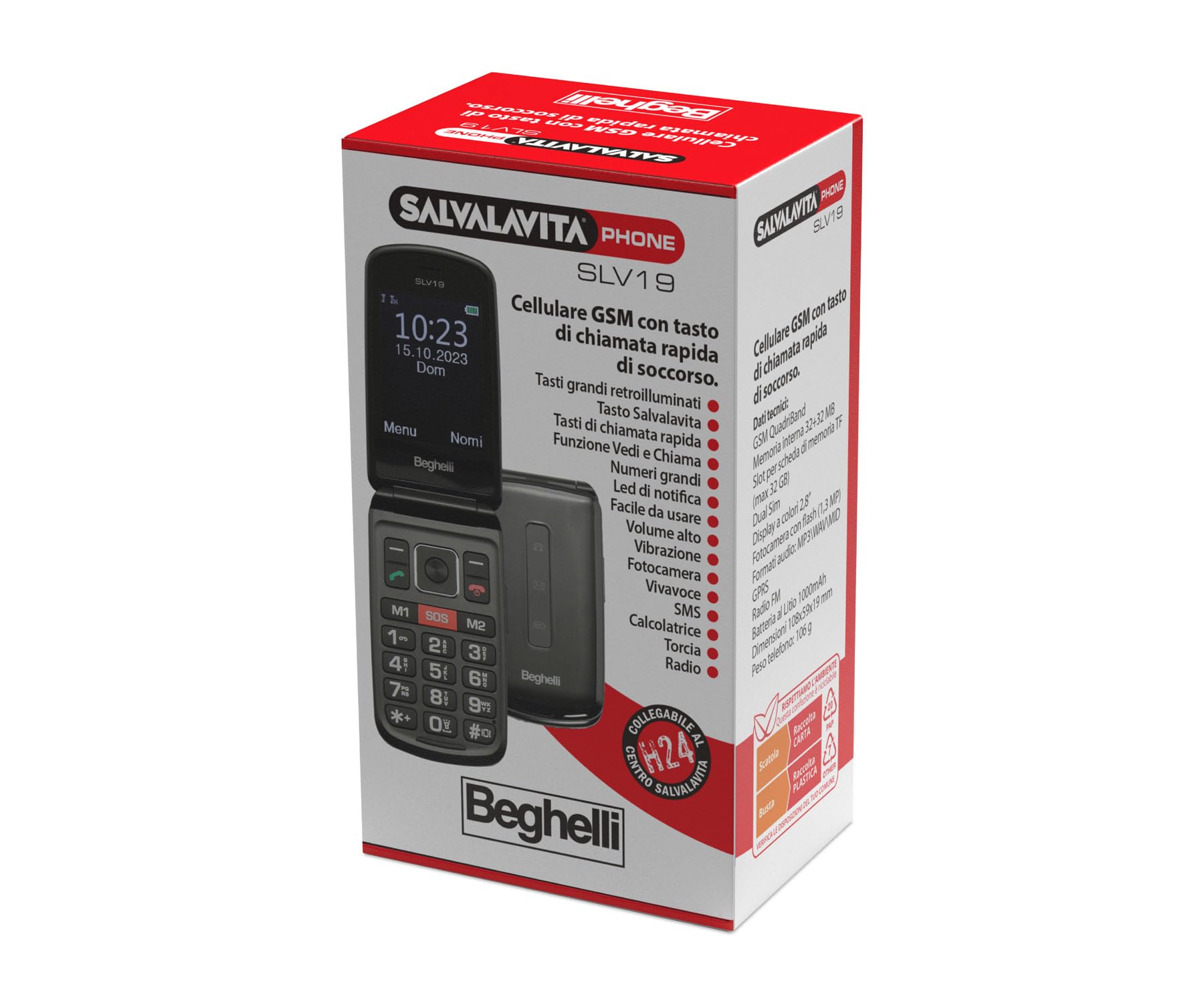 Beghelli Salvalavita Phone SLV19, Cellulare GSM con Tasto di Chiamata Rapida di Soccorso, Semplice da Usare, con Caricabatterie Incluso, Ideale Per Anziani