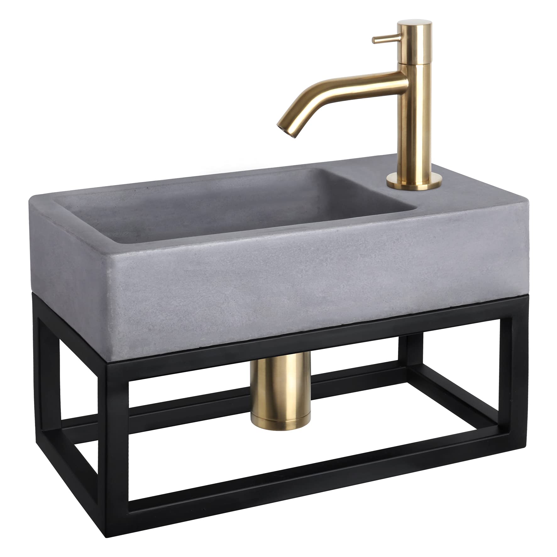 Differnz Force - Lavabo con portasciugamani in cemento grigio scuro, rubinetto curvo, oro opaco, set completo, 40 x 22 x 8 cm