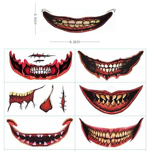 Miniatura 6 de Calcomanías de tatuaje de boca de sonrisa de Halloween, tatuajes temporales de boca de payaso, 12 hojas de calcomanías de cara aterradora,
