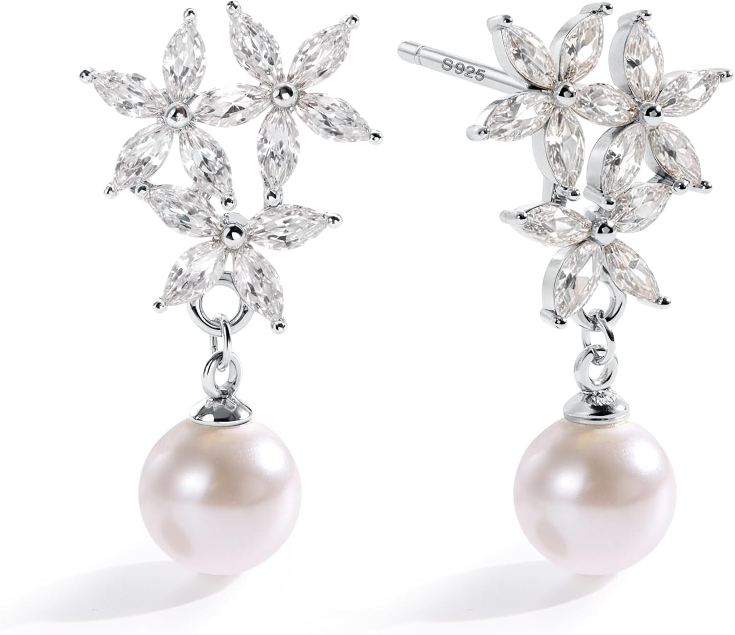 KRFY 1 Pairs Pearl Earrings, 925 Sterling Silver Post, Drop Pearl Dangle Earrings for Women Trendy, cz Studs Earrings for Women, 16K Gold Plated/Silver - Image 4