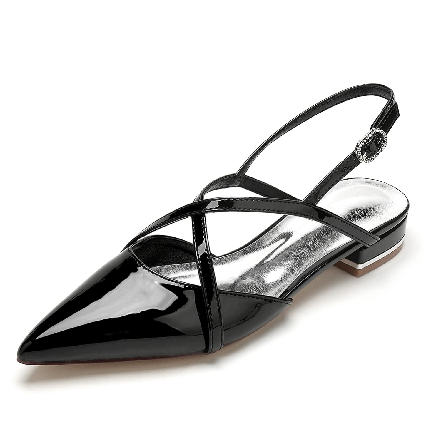 CharmstepLadies Flat Bridal Shoes Cross Strap Pointed Toe Ballet Pumps Patent Leather Slingback Wedding Dress Sandals U18448-9