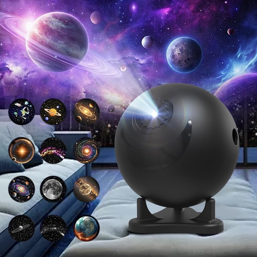 Proyector de cielo estrellado planetario, lámpara proyector de galaxia con 12 discos planetarios, lámpara de nebulosa giratoria a 360° para niños y adultos