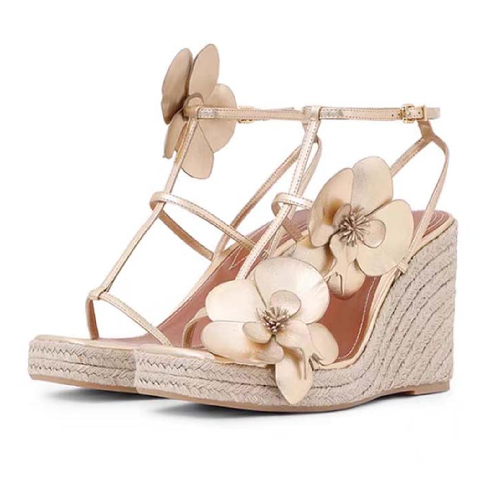 Sandalias de cuña punta cuadrada mujer diseño esparto plataforma suela gruesa detalle floral tira tobillo hebilla ajustable viaje vacaciones compras diarias