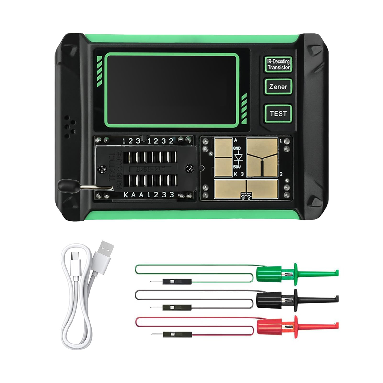 LCR-AR1 Transistor Tester, Multi-Function Component Tester with LCR Meter, ESR Tester, Capacitor Detector, Infrared Decoder, Auto Mode for PNP NPN Zener Diode, 1.9" Display, USB Type C Charging