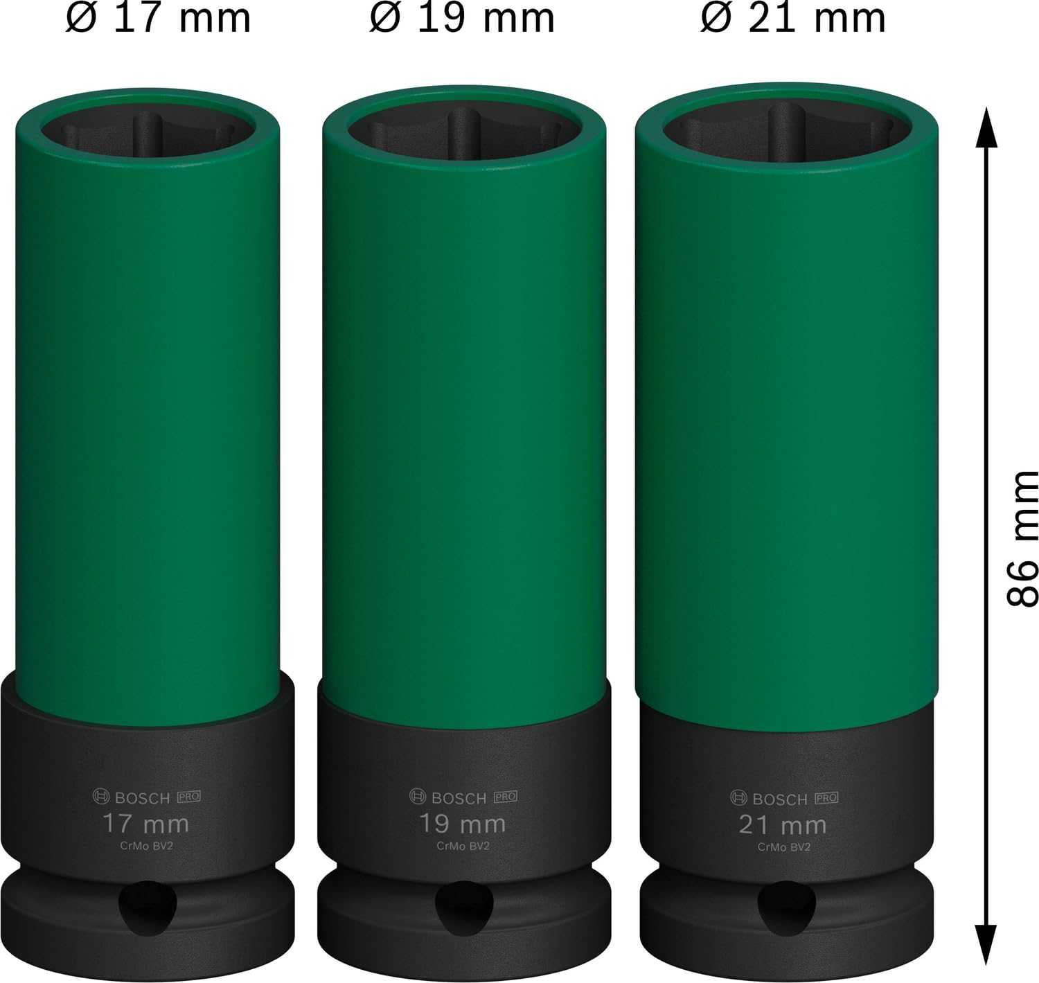 BOSCH Impact Socket Set 7-Piece | High-Torque CRMO Steel for Extreme Durability | Black Phosphate Coating for Corrosion Resistance | Secure Pin & Ring Design | Laser-Etched Sizes 1