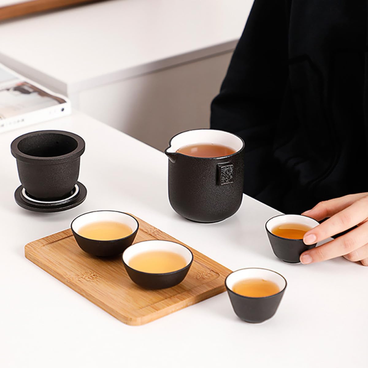 VANZACK Juego de Taza de Té de Cerámica Portátil Diseño Elegante y Fácil de Agarrar con Tetera y Bolsa para Viaje Adecuado para Uso en Casa Aire Libre