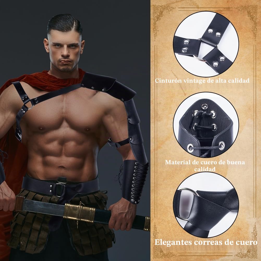GORGECRAFT 4pz Accesorios de Disfraz Medieval para Hombre Correa de Hebilla Ajustable Armadura de Cuero de Un Solo Hombro Protectores de Brazo de Cuero Negro PU Kit de Cinturón Cosplay Halloween