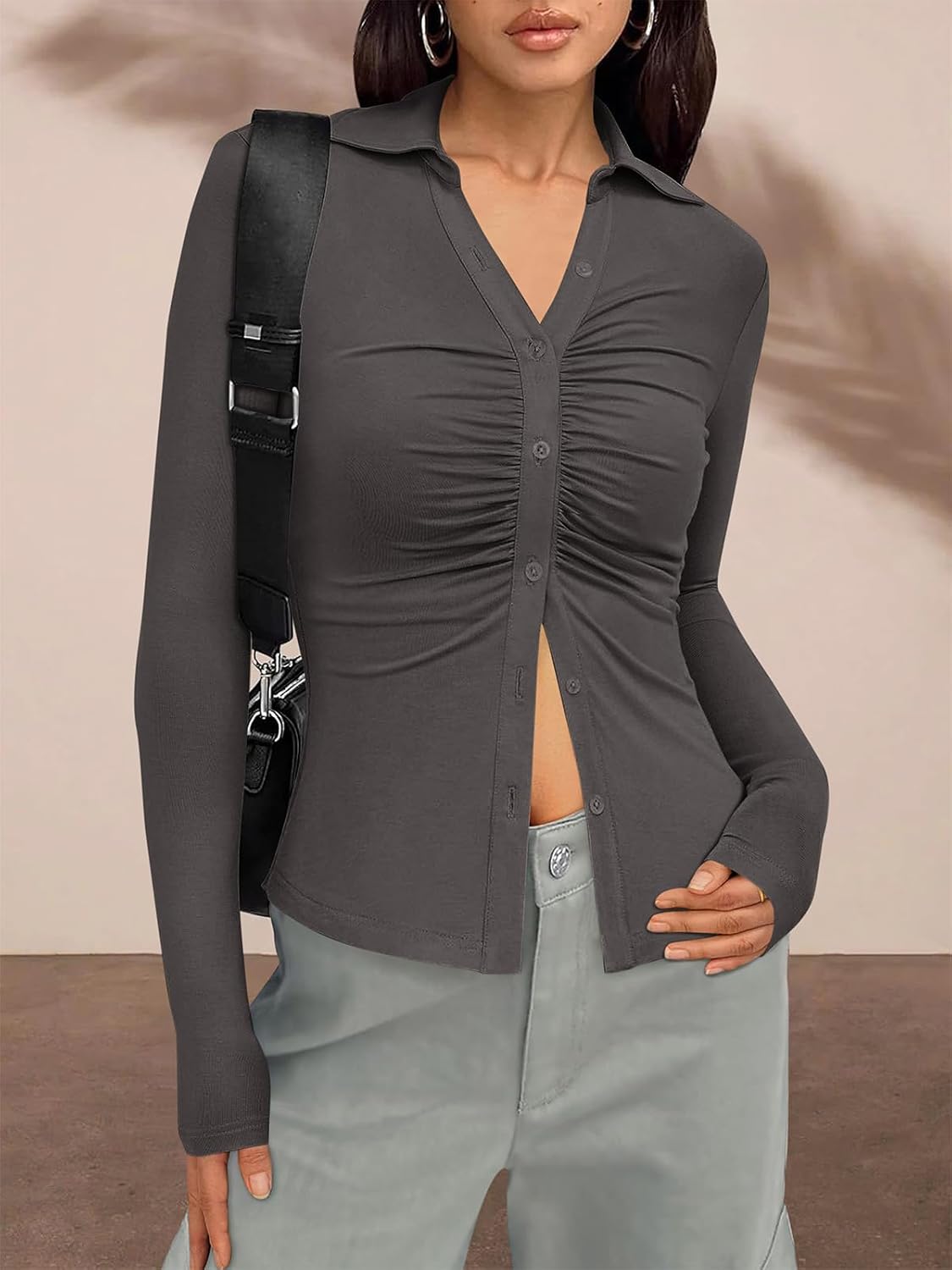 PRETTYGARDEN Womens Button Down Shirts V Neck Collared Ruched Slim Fit Long Sleeve Shirt Casual Spring Fashion Ladies Tops - Image 2