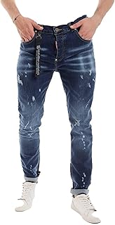 بنطلون جينز رجالي بقصة ضيقة بتصميم مشبح ومقطع مزود بحلقات للحزام، ابيض