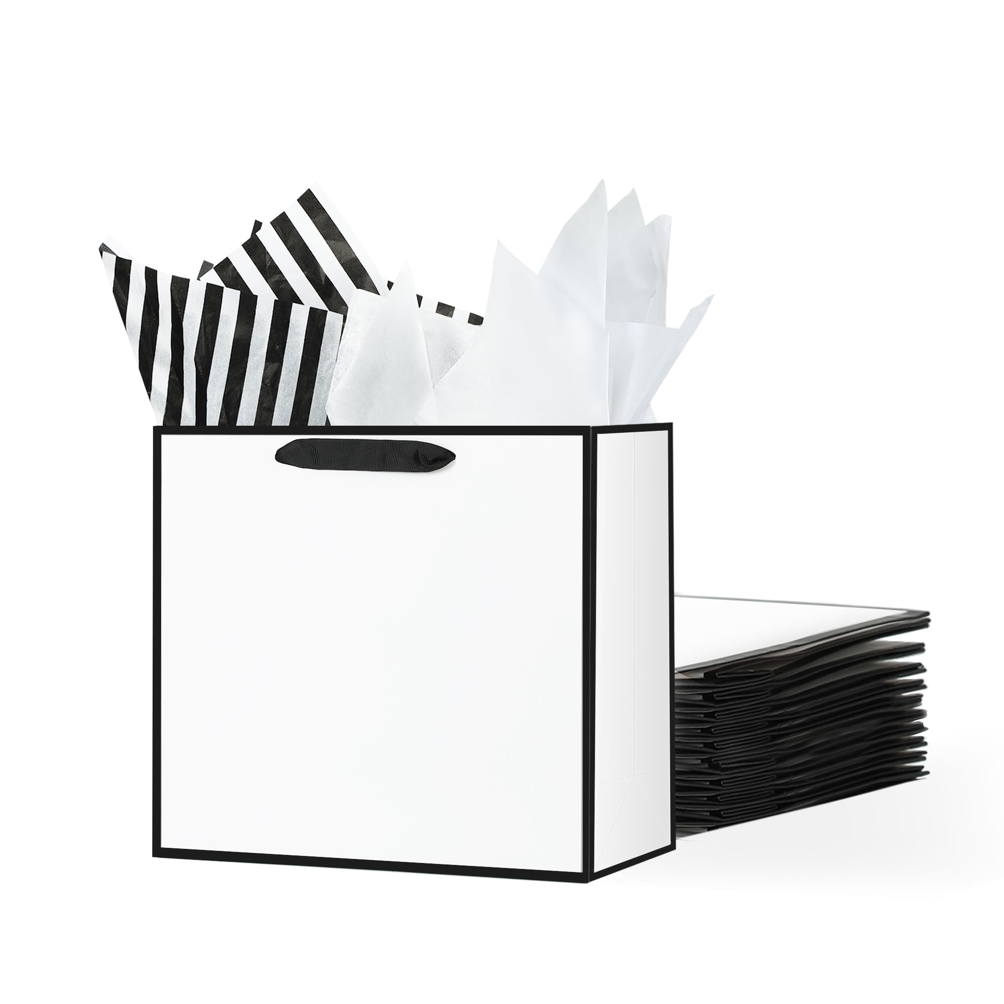 Offizon 12 Pack 12.5 Inches White Gift Bags, Large Gift Bags with Black and White Tissue Paper — image 1