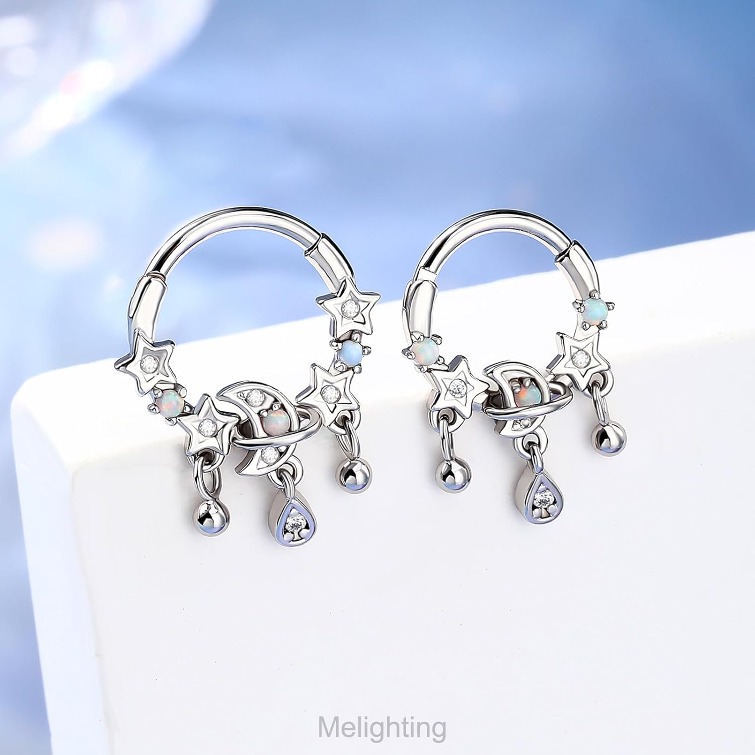 Melighting 16G Septum Ring Opal Septum Jewelry Stainless Steel 316L Dangle Star Daith Piercing Jewelry Clear CZ Cartilage Earring for Women - Image 2