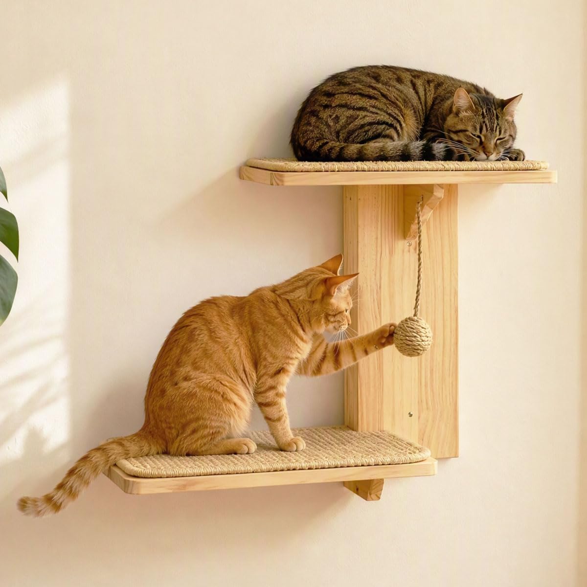 Kletterwand Katze Holz mit Integriertem Sisalball & 2 Plattformen