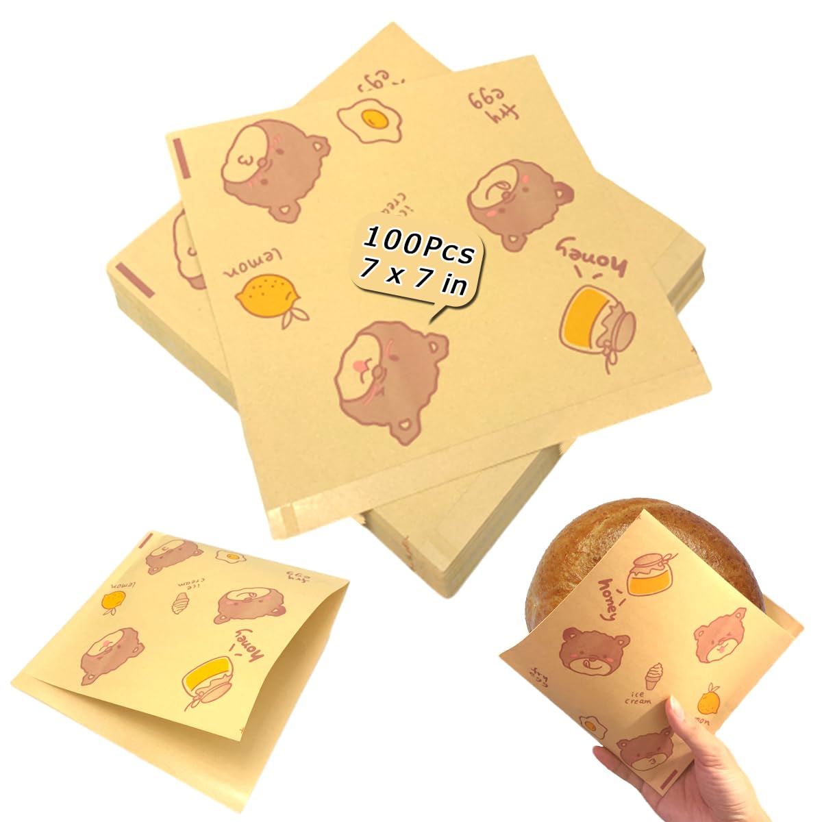 KanehosiSoft Pretzel Bags 7"x7" Double Open Sandwich Bags 100Pcs, Grease-proof Parchment Paper Bags, Cute Bear Style Sandwich Wrappers for Cookie Snack Deli Bakery Family Daily Wrap