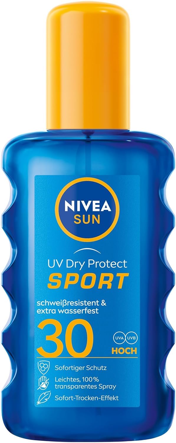 NIVEA SUN UV Dry Protect Sport Sonnenspray LSF 30 (200 ml), 100% transparenter Sonnenschutz speziell für Sportler, schweißresistente & extra wasserfeste Sonnencreme