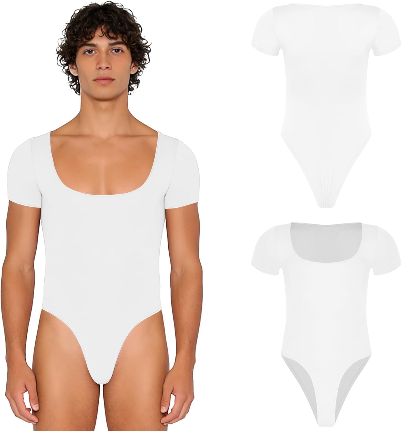 Mufeng Mens Buttoned Crotch Solid Bodysuit Square Neck Long Sleeve Slim-fit Leotard for Workout