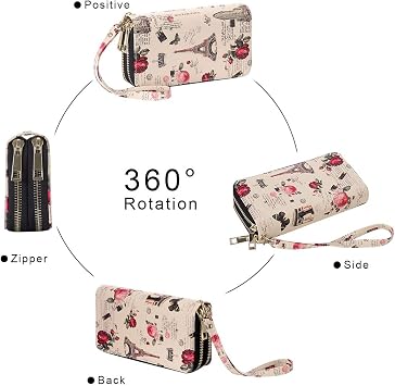 XEYOU Double Zipper Long Clutch Wallet Cellphone Wallet for Women with Removable Wristlet Strap for Credit Card, Cash, Coin, Bill, Iron Tower, 6.9x3.5x1.9 inches, Stylish Multi-purpose Clutch Wallet