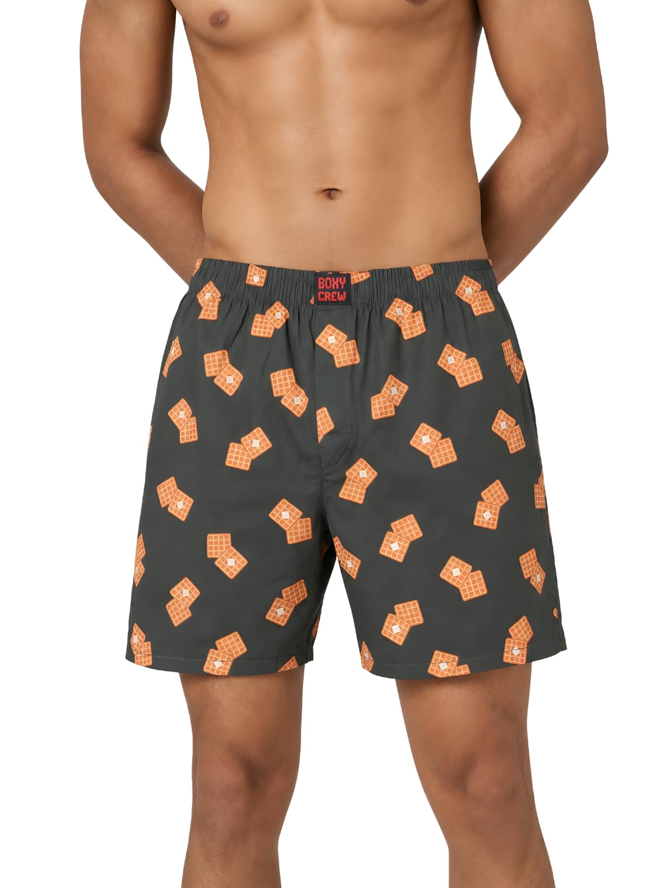boxy crew Men's 100% Cotton Printed Boxer Shorts with Dual Side Pockets, Fabric-Covered Elastic Waistband and Classic Woven Fit for Lounging, Nightwear & Homewear - Brown, Style MBX030-picture-33