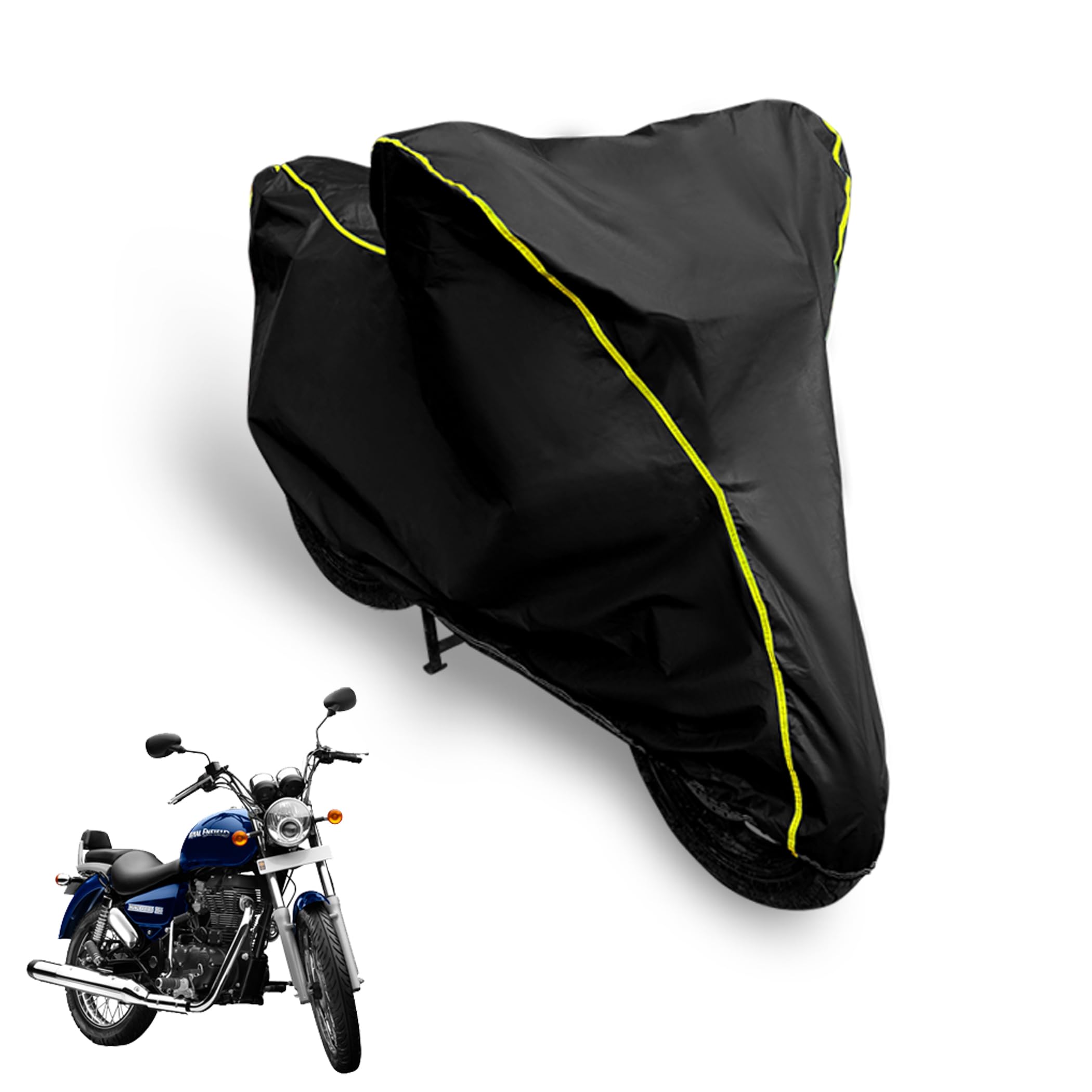 AUTOBIRSA Waterproof Two Wheeler Cover for Royal Thunderbird 350 Bike| UV Proof, Heat Resistant & All Weather Protection | Black & Yellow Piping Color | Durable & Triple Stitched - Custom Fit Cover-image-10