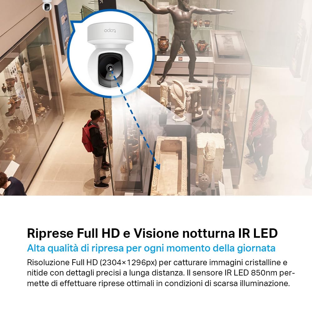 Tapo C202 Telecamera Wi-Fi Interno, Porta Ethernet, Videocamera Sorveglianza FHD, Visione Notturna, MicroSD fino a 512GB, Audio Bidirezionale, 360° Visuale, Alexa, Google, Allarme acustico e luminoso