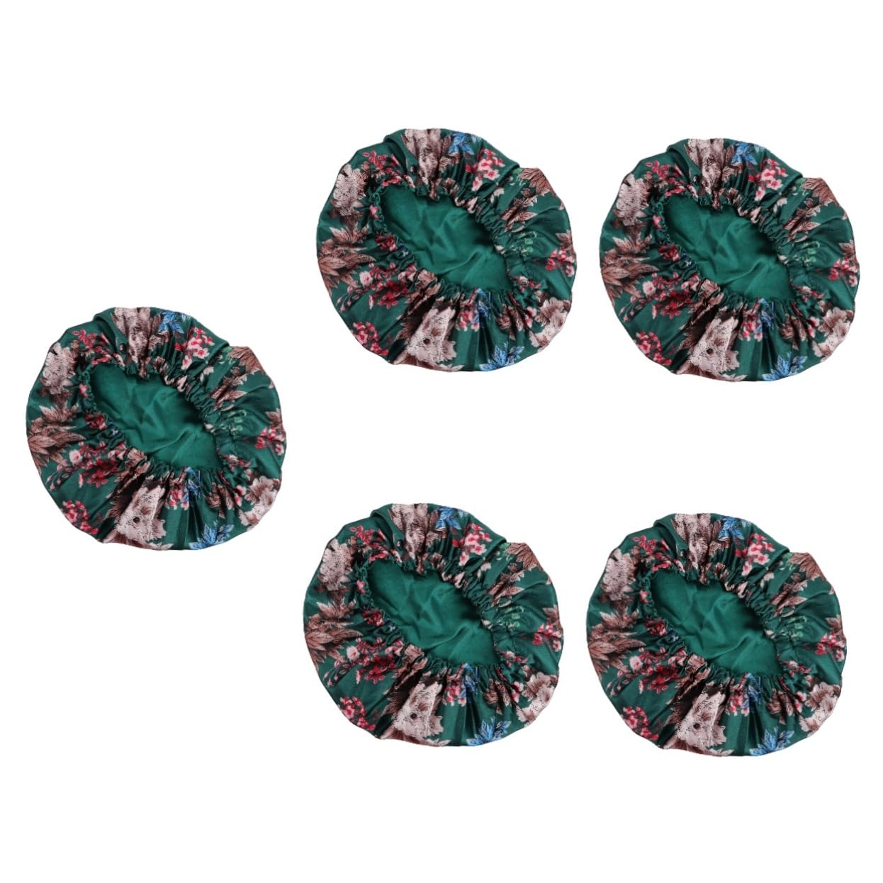 Healvian 5piezas Gorro De Reutilizable Para Mujer Doble De Satén Protección Para Cabello Para Baños y Sueño Diseño Floral Verde