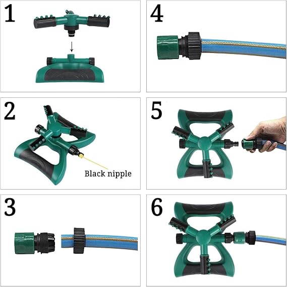 Amlion Garden Sprinkler,3 Nozzles Lawn Sprinklers, 360Automatic Rotating Water Sprinkler System, Green and Black, 22x22x12 cm (Green Black)