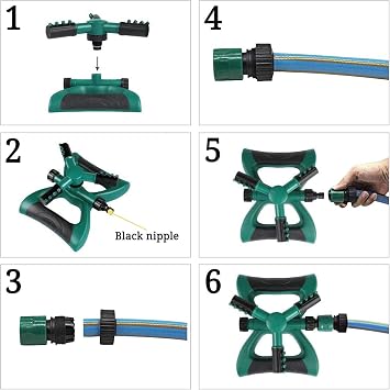Amlion Garden Sprinkler,3 Nozzles Lawn Sprinklers, 360Automatic Rotating Water Sprinkler System, Green and Black, 22x22x12 cm (Green Black)