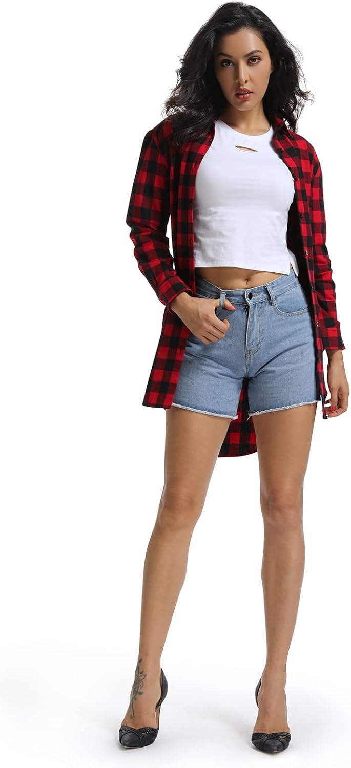Women's Button Down Plaid Flannel Shirt Mid Long Fitted Fall Shirts High Low Tops - Image 3