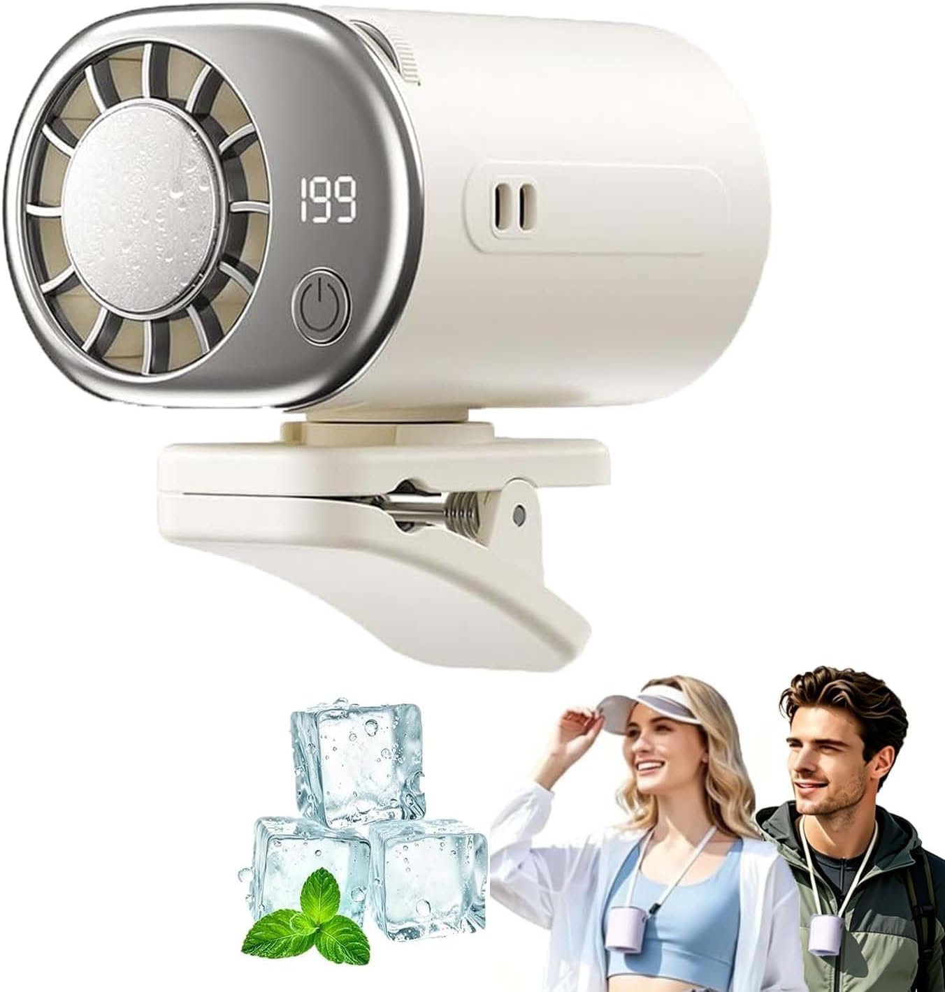 ZFFAFUR Car Clip-On Cooling Fan with LED Display, 360° Swivel Head, USB Rechargeable, 199 Adjustable Speeds, Lightweight Semi-Cooling Airflow, Wide Clamp for Vehicle, Desk, Umbrella, Camping, White